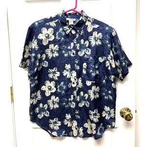 Metro Express Short Mens Silk Floral Button Up Blue Cream Short Sleeve L Loose